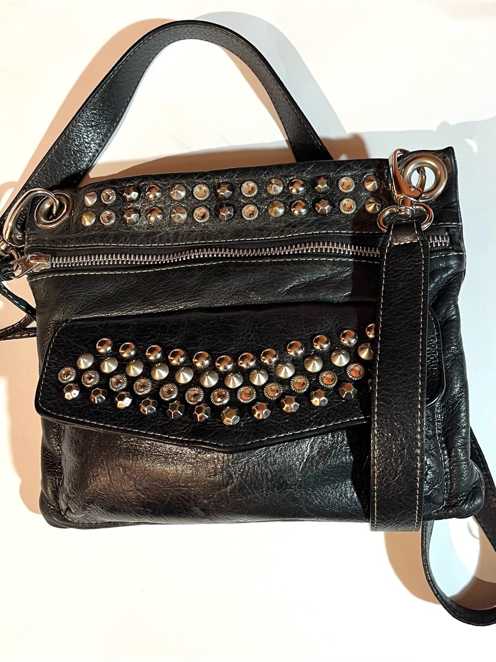 Leather Rock Black Studded Gemstone Crossbody Bag